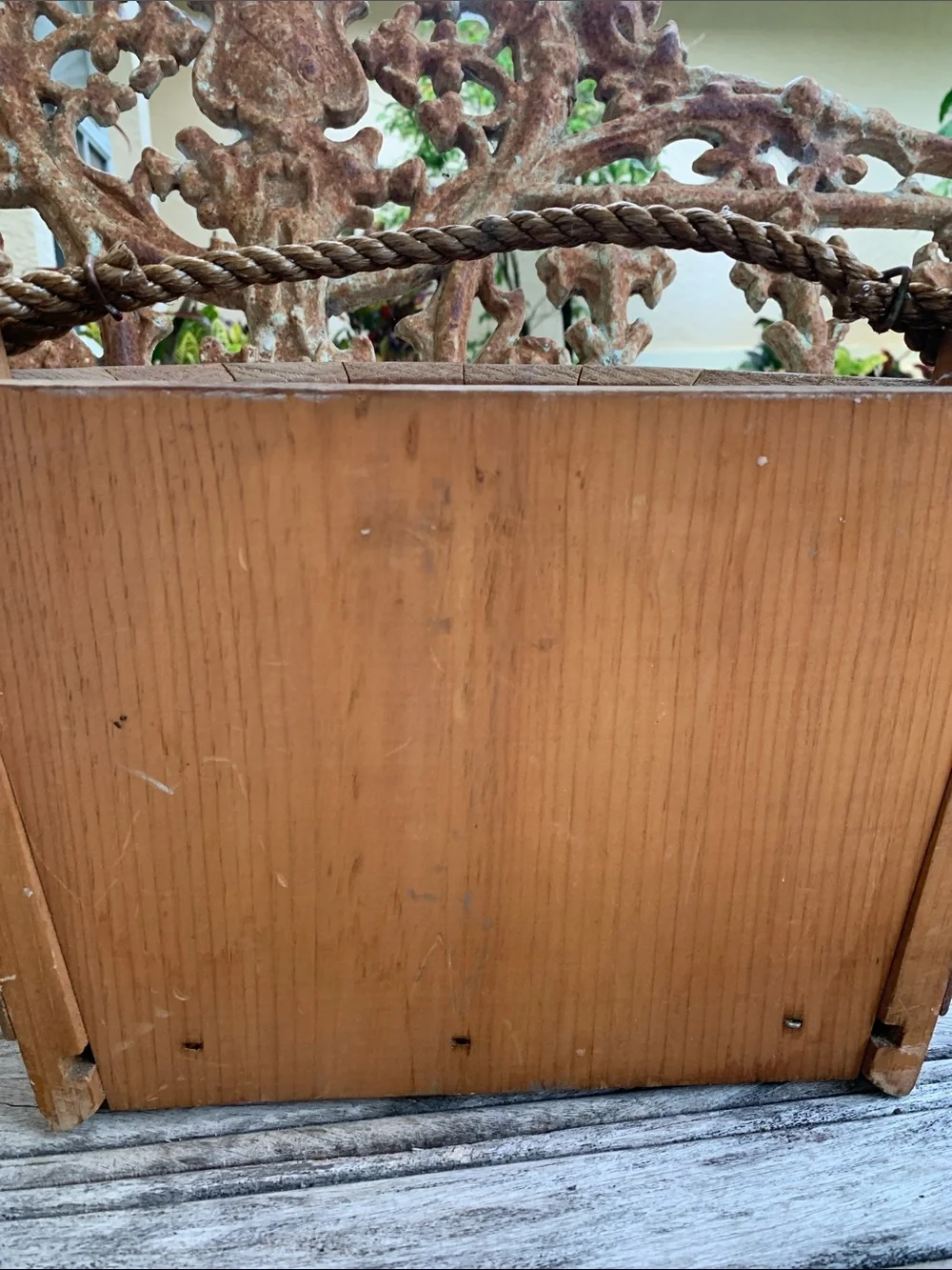 Vintage Flat Sided Wooden Hanging Basket with Red Heart and Floral Accents